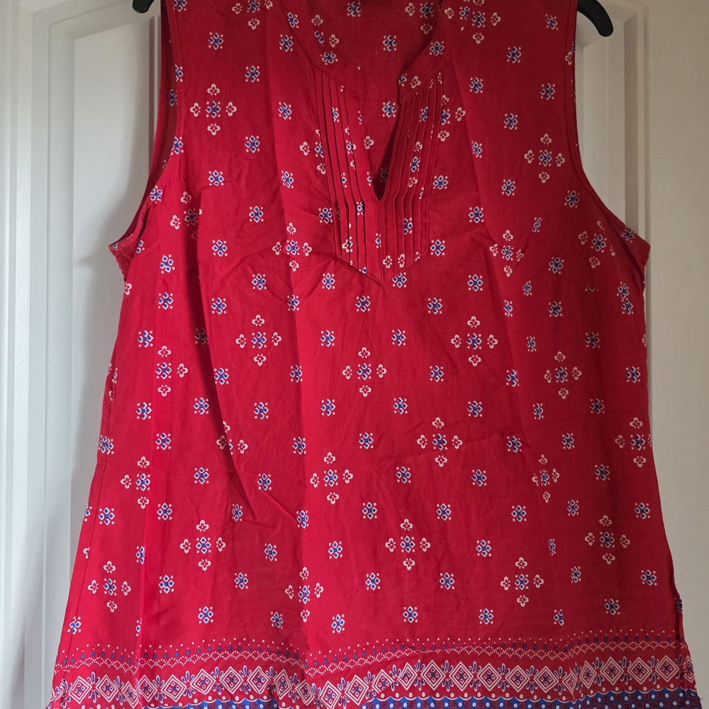 Talbots Vibrant Red Sleeveless Blouse with Geometric Design